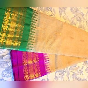 Beautiful New Beige Color Cotton Gadwal Sari With Green Magenta Silk Border